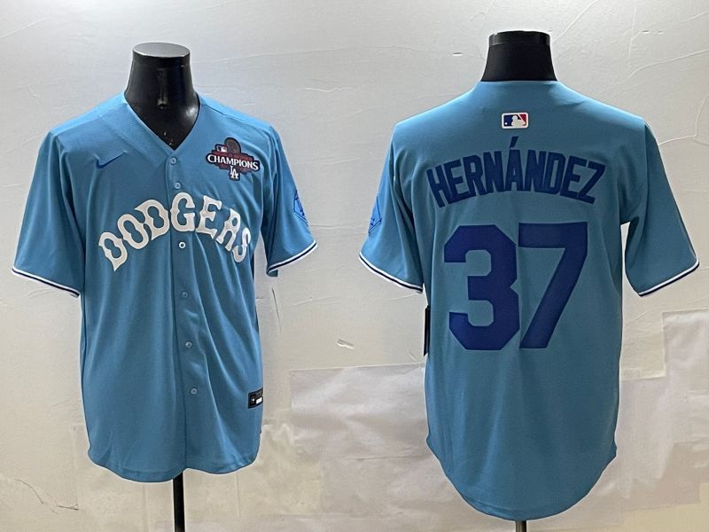 Men Los Angeles Dodgers 37 Hernandez Light Blue Joint Name 2025 Nike MLB Jersey style 4